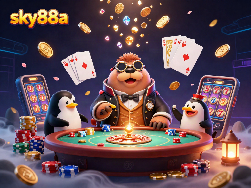 Experience thrilling underwater poker with sky88a, where cartoon characters engage in vibrant gambling adventures.