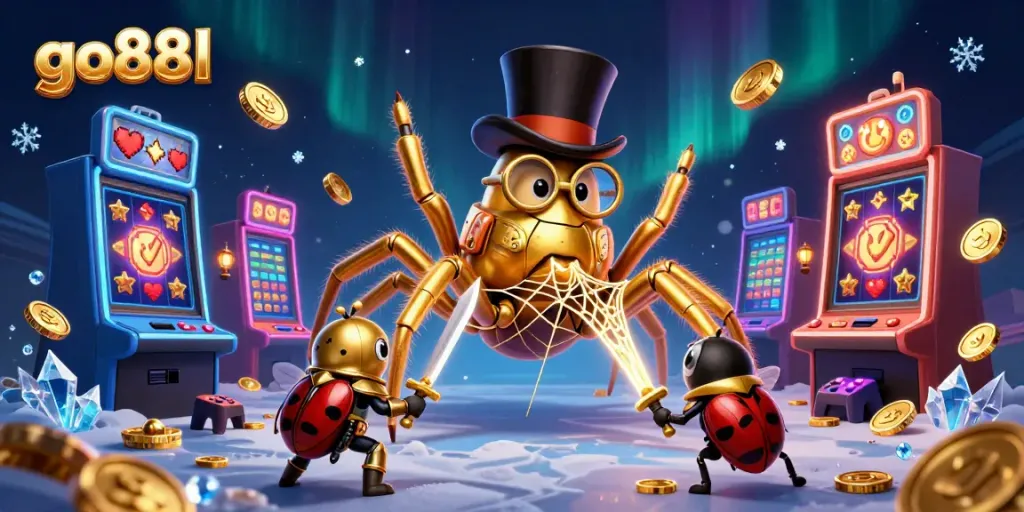 Engage with go88l in a vibrant casino scene with colorful slot machines, featuring a golden tarantula and a brave beetle knight.