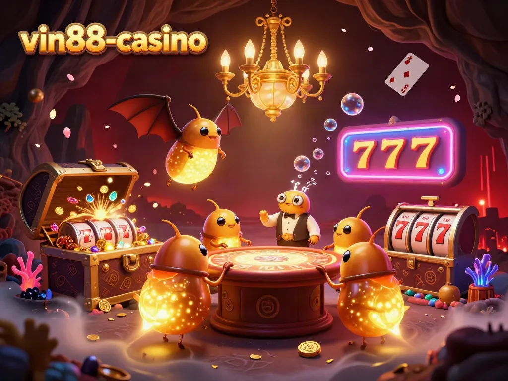 Engage with the vibrant atmosphere of vin88-casino, illuminated by glowing creatures in a dynamic gaming setting.