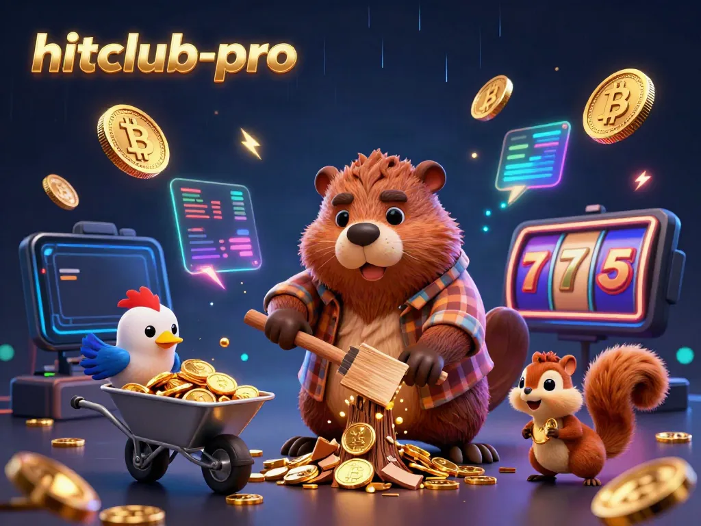 Engage in thrilling wins with hitclub-pro as a beaver collects golden coins amidst vibrant slots.