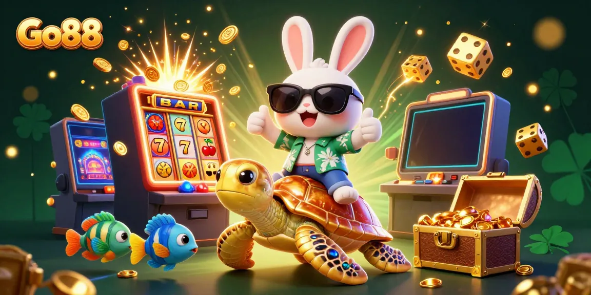 Experience the excitement of Go88 with a lucky rabbit and sea turtle in a vibrant casino scene.