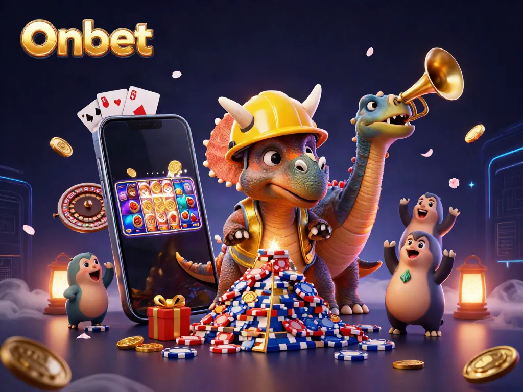 Onbet 3D illustration of a triceratops building poker chips surrounded by casino elements.
