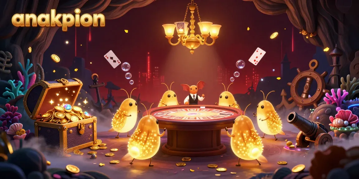 Anakpion casino scene with glowworms, a bat dealer, and underwater treasures, showcasing a lively gaming atmosphere.