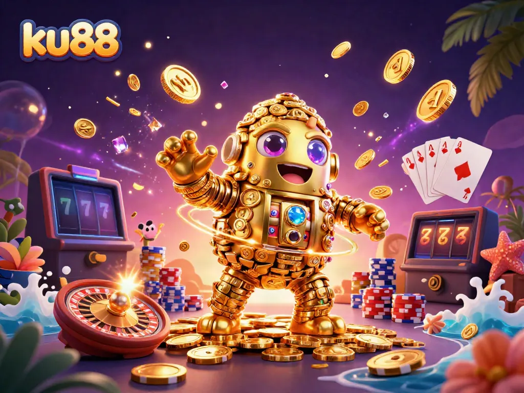 Feel the excitement of ku88 with a golden golem surrounded by casino symbols and dynamic gaming elements.
