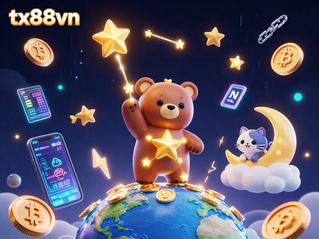 Bet on exciting games with tx88vn, showcasing a vibrant 3D illustration of a cosmic bear and digital assets.