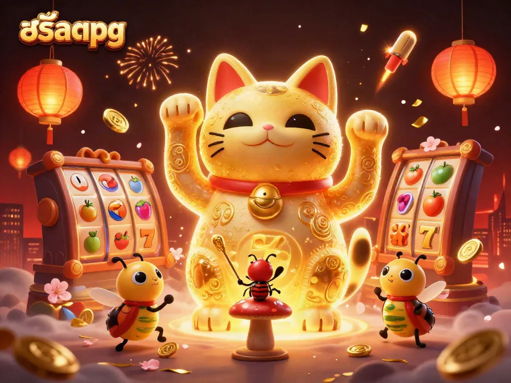 Engage with สล็อตpg as vibrant golden fireflies form a lucky cat in a casino scene.