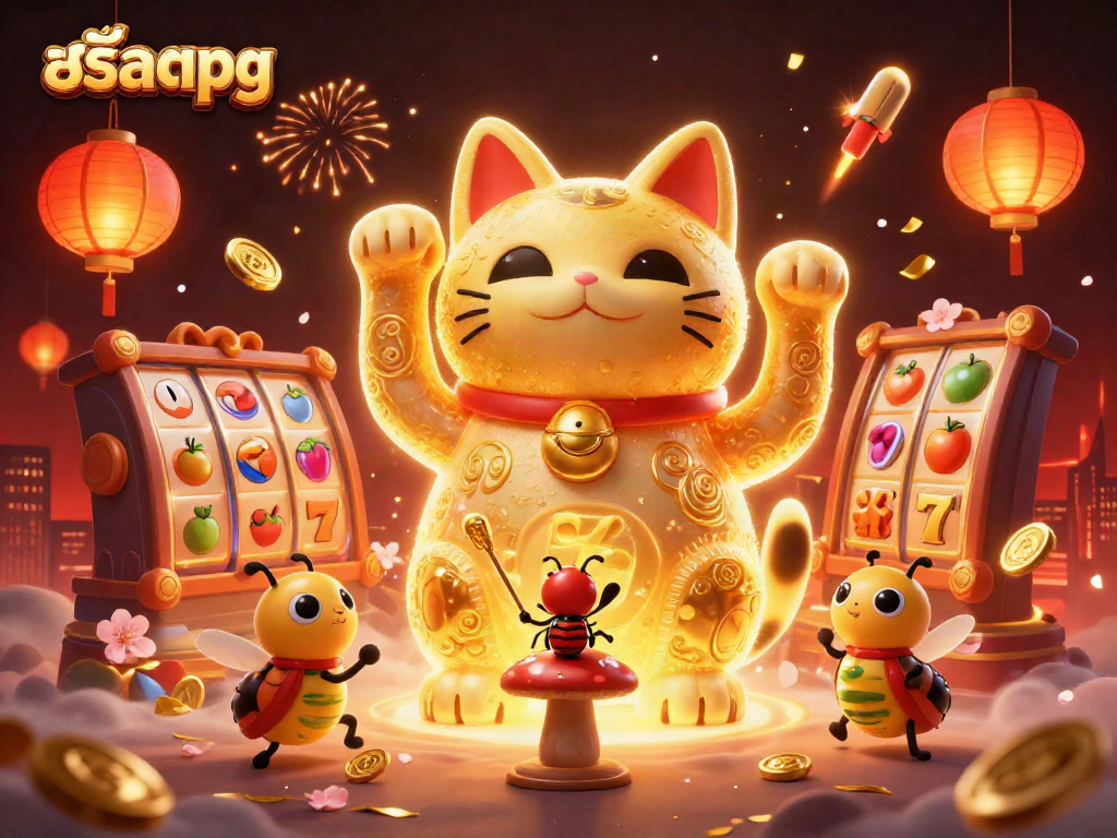 Engage with สล็อตpg as vibrant golden fireflies form a lucky cat in a casino scene.