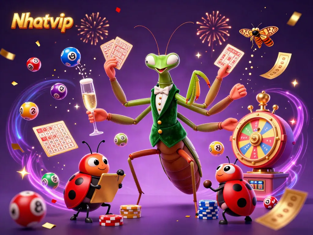 Nhatvip showcases a vibrant online casino scene with a giant mantis dealer, ladybug pit boss, and festive elements.