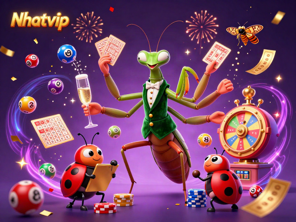 Nhatvip showcases a vibrant online casino scene with a giant mantis dealer, ladybug pit boss, and festive elements.