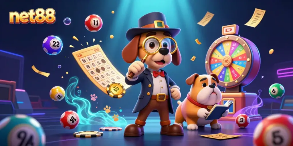 Experience net88 gaming excitement with a detective scene and vibrant casino symbols