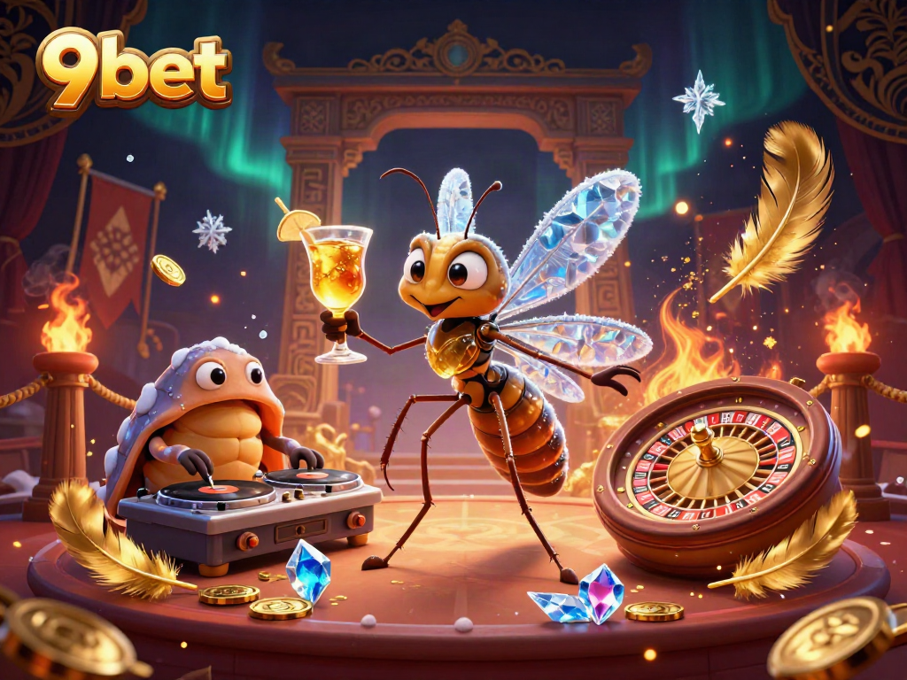 Engage with 9bet through exciting casino entertainment illustrated with vibrant characters and elements.
