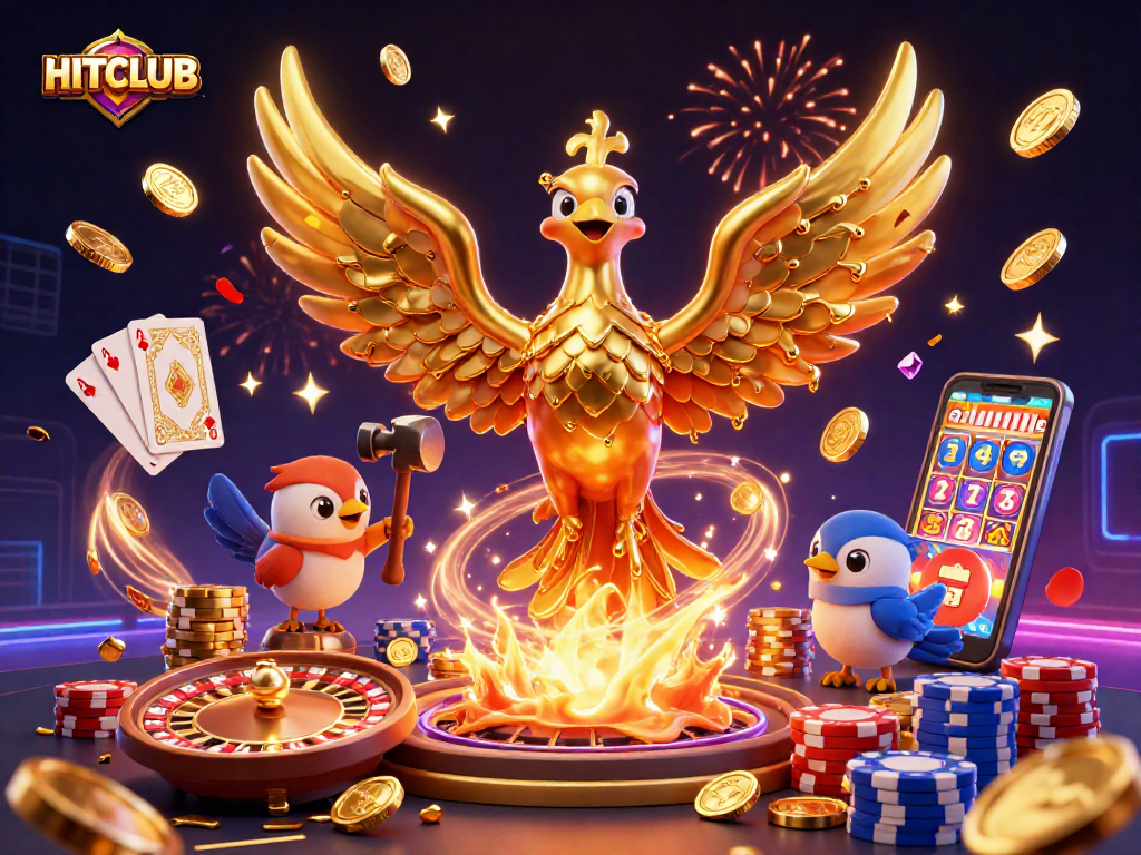 HITCLUB showcases a stunning 3D illustration of a golden phoenix emerging from a forge, symbolizing winning at online gaming.