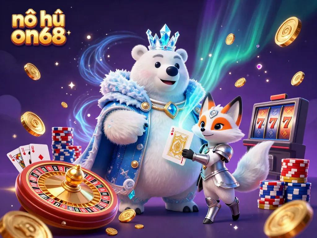 Engage with nổ hũ on68 through vibrant 3D casino illustration featuring a polar bear and a fox, bursting with dynamic gaming elements.