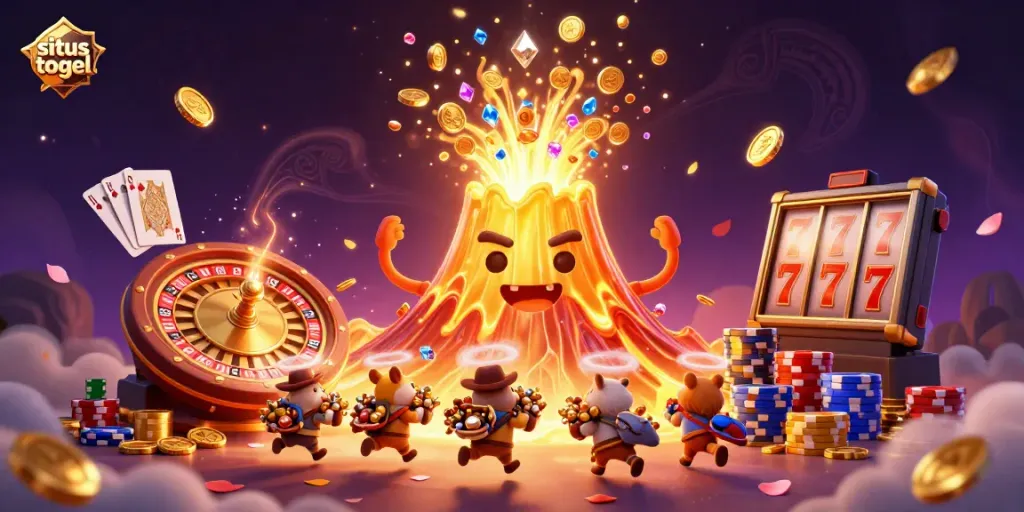 Engage with situs togel in a vibrant scene of a golden volcano erupting treasures with playful animals in a casino atmosphere.