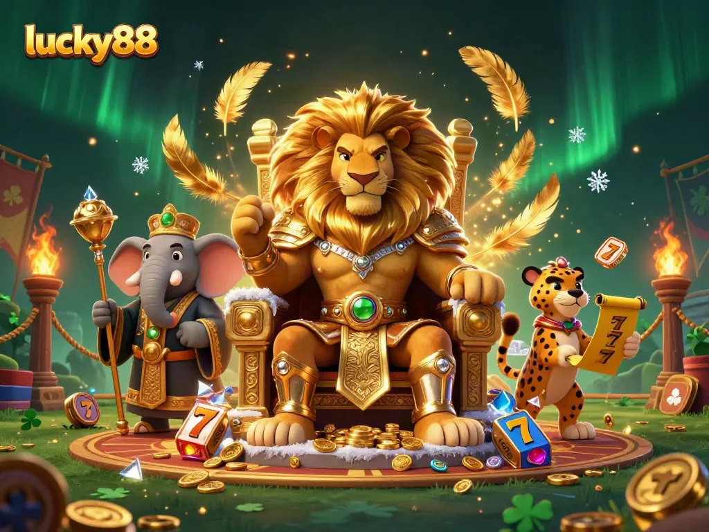 Play exciting games at lucky88 with the fierce lion king and his advisor in an engaging casino illustration.