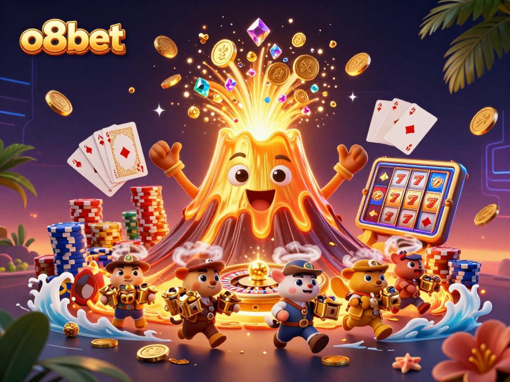 Experience the thrill of o8bet with a lively 3D casino scene featuring treasure-filled characters.