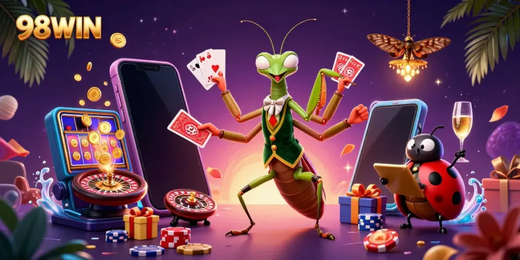 Experience excitement at 98WIN with vibrant characters engaging in thrilling casino action.