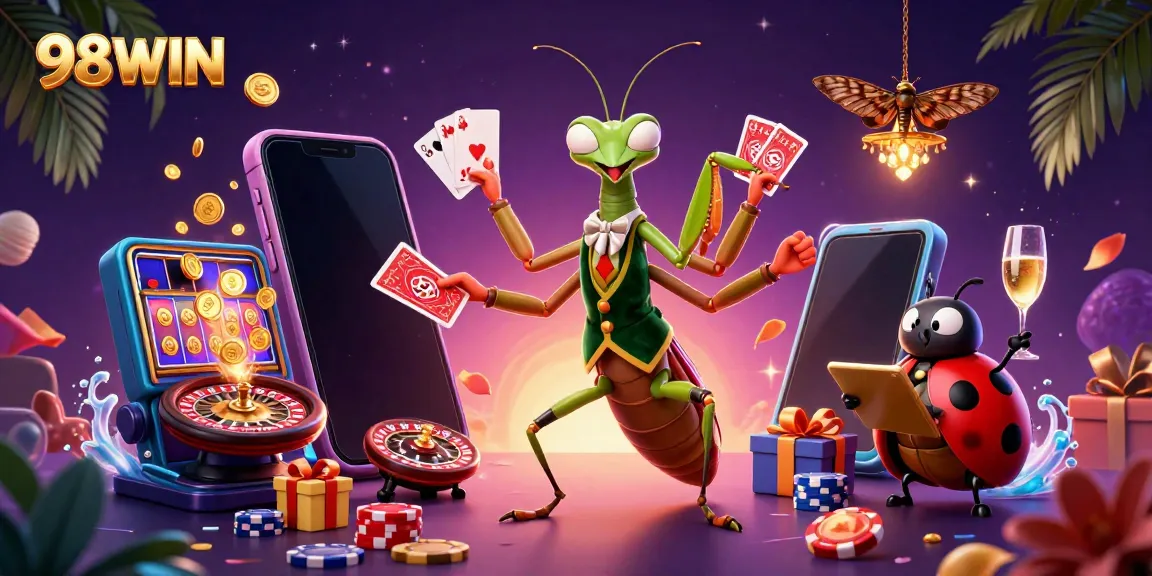 Experience excitement at 98WIN with vibrant characters engaging in thrilling casino action.
