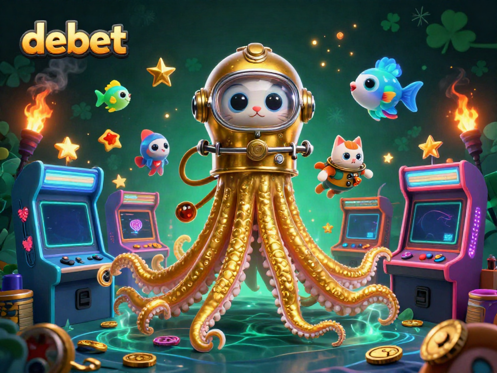 Engage with debet as a colossal cartoon kraken dazzles at an underwater casino, bright with 3D gaming elements.