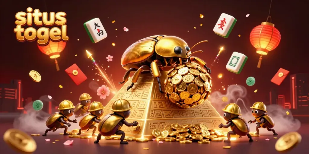 Engaging illustration of a giant golden dung beetle promoting situs togel in an energetic casino-themed setting.