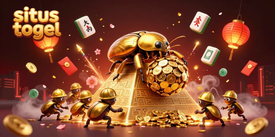 Engaging illustration of a giant golden dung beetle promoting situs togel in an energetic casino-themed setting.