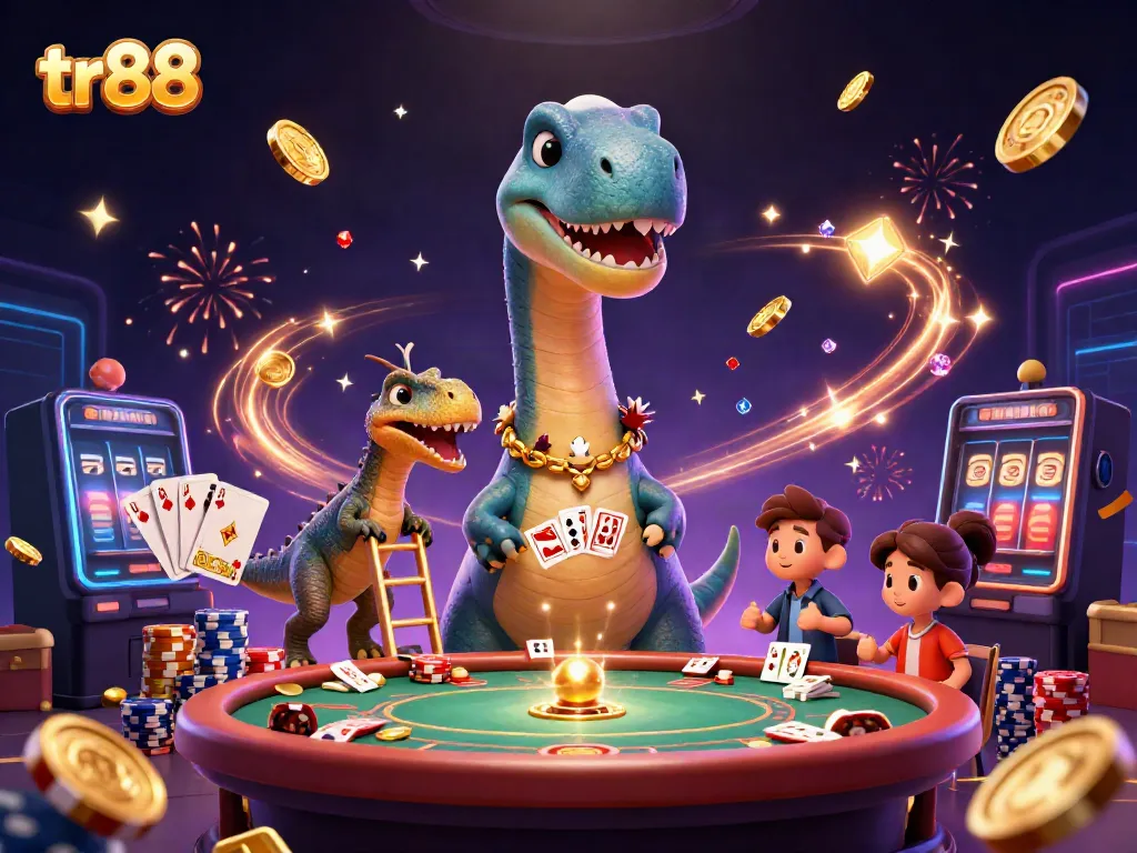 tr88 illustrates a whimsical casino scene with a large cartoon dinosaur and vibrant gaming elements.