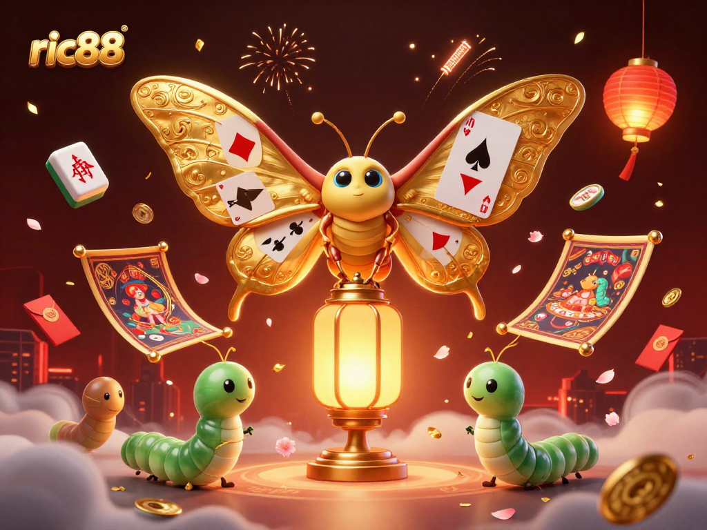 Play and win big at ric88 with a colorful animated casino scene featuring games and treasures.