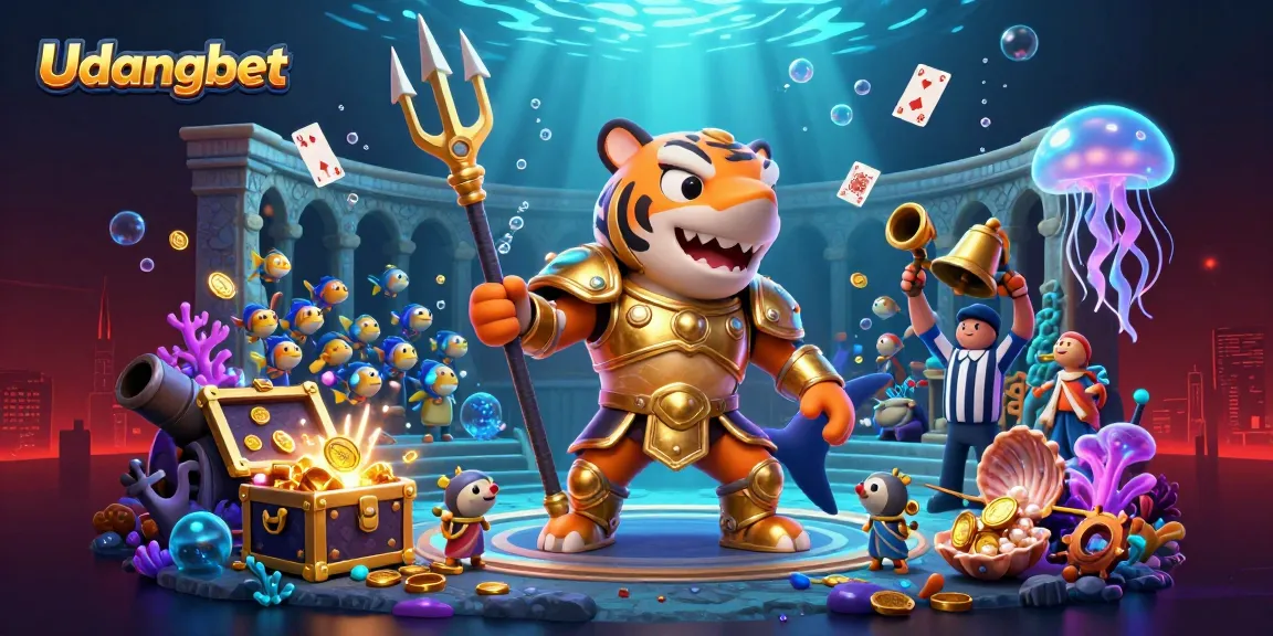 Engage with Udangbet's thrilling underwater adventure featuring a tiger shark in gladiator armor amidst dynamic gambling elements.