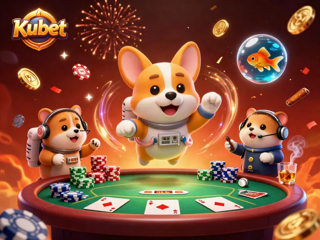 Kubet's vibrant casino scene showcases an astronaut corgi and friends engaging in thrilling poker adventures