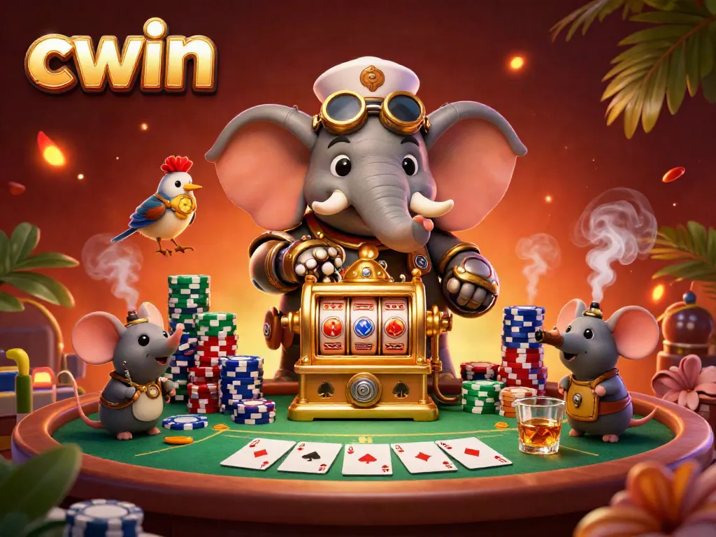CWIN's steampunk elephant operates a golden slot machine amidst colorful poker elements for a thrilling casino experience.