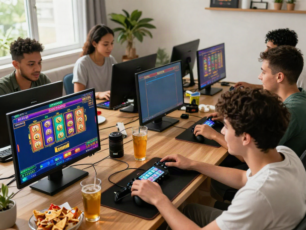 Engaged players enjoying slot gacor gampang menang games in a cozy living room atmosphere.