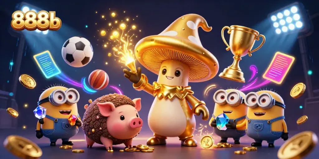 Experience the thrill of 888b with this lively 3D scene featuring a golden wizard and dynamic sports elements.