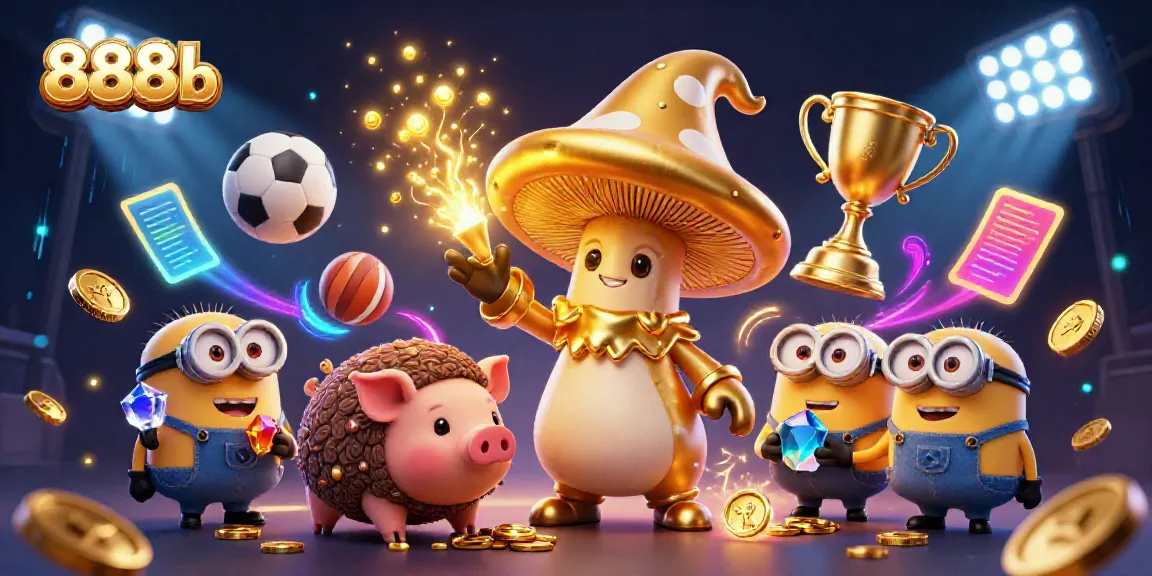 Experience the thrill of 888b with this lively 3D scene featuring a golden wizard and dynamic sports elements.