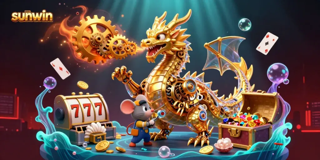 sunwin's golden dragon character showcases captivating energy at a vibrant casino scene filled with gleaming slot reels.