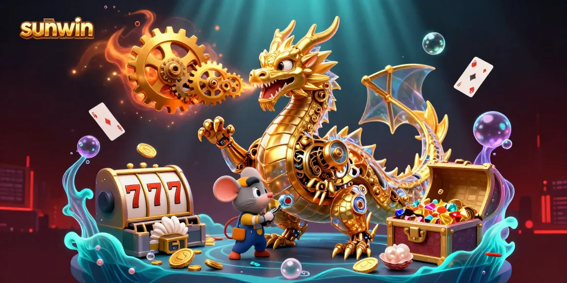 sunwin's golden dragon character showcases captivating energy at a vibrant casino scene filled with gleaming slot reels.
