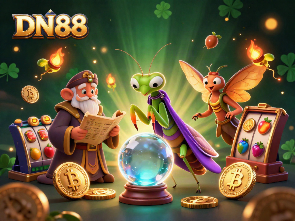 Play engaging games at DN88 with vibrant 3D illustrations of fortune tellers and slot machines.