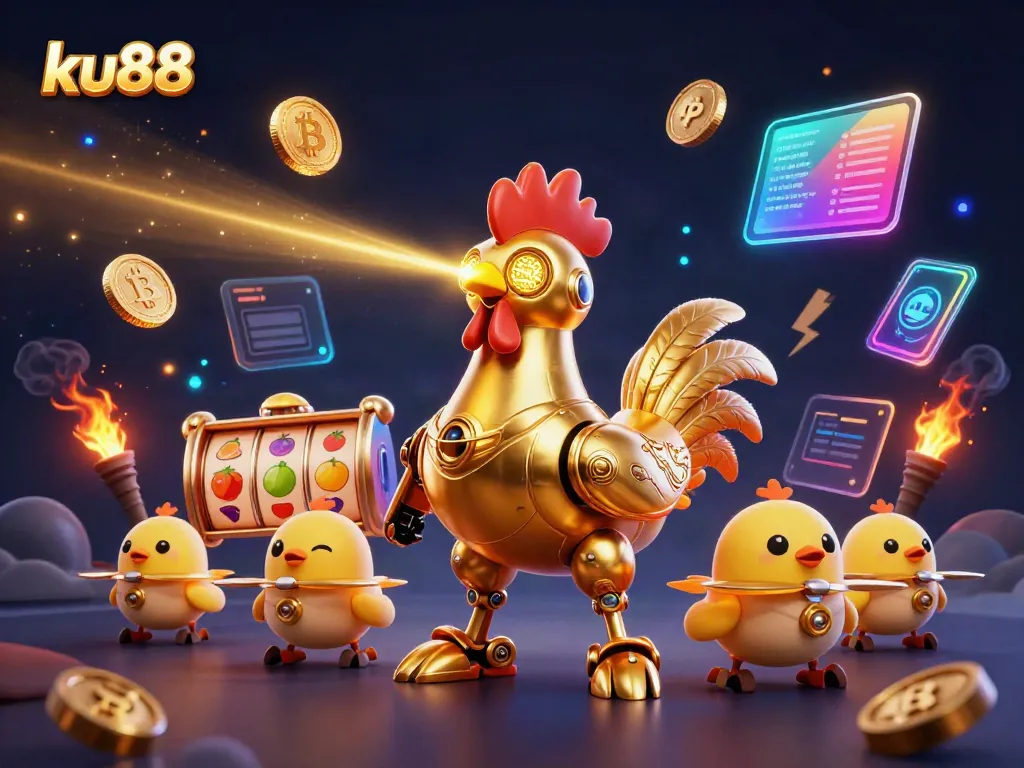Engage with the exciting world of ku88 as a golden rooster robot leads a dynamic gambling scene.