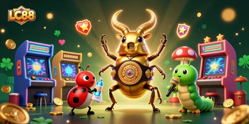 LC88 features a giant golden stag beetle in a boxing match surrounded by exciting casino games and lights.