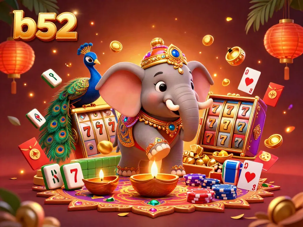 Experience thrilling gameplay with b52 as vibrant elephants and peacocks join floating slot reels and poker cards in a festive atmosphere.