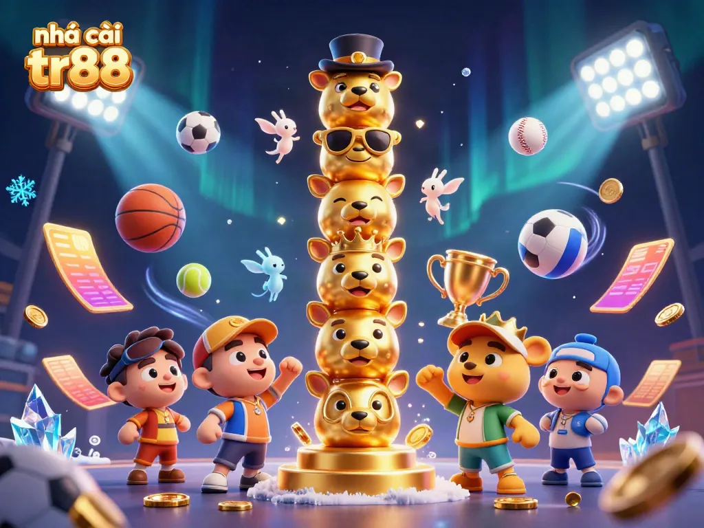 Experience the excitement of nhà cái tr88 with a dynamic scene filled with sports elements and fun casino characters.