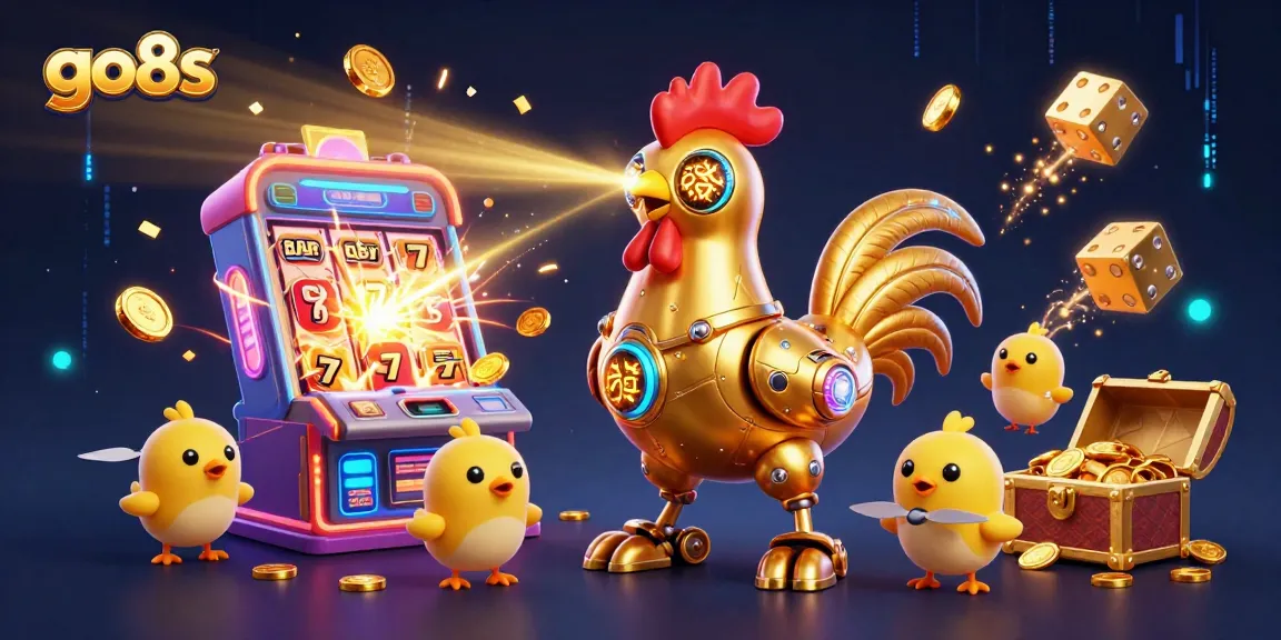 Experience thrilling gameplay with the golden rooster and baby chick drones in stunning go8s casino scene.