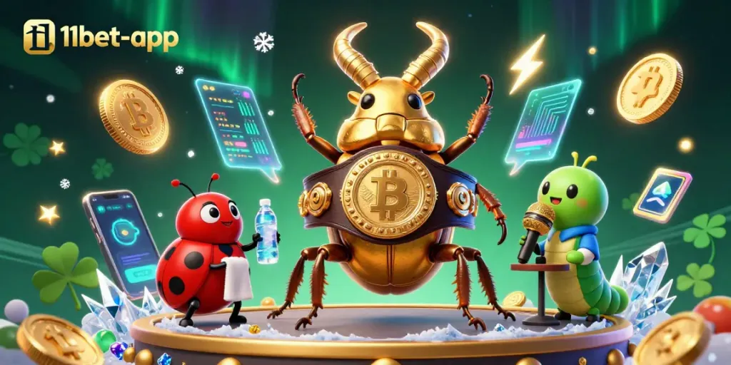 Experience the excitement of gaming with 11bet-app, showcasing a vibrant scene of cartoon characters and cryptocurrencies.
