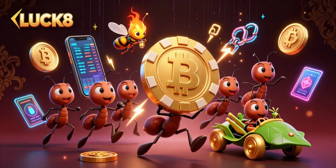 LUCK8 depicts animated ants escaping with a giant poker chip, surrounded by vivid gaming elements.