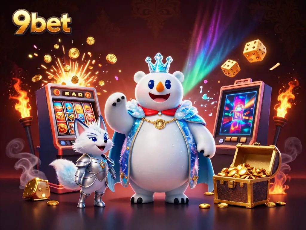 Win big with 9bet in this vibrant casino scene showcasing a slot machine bursting with treasures.
