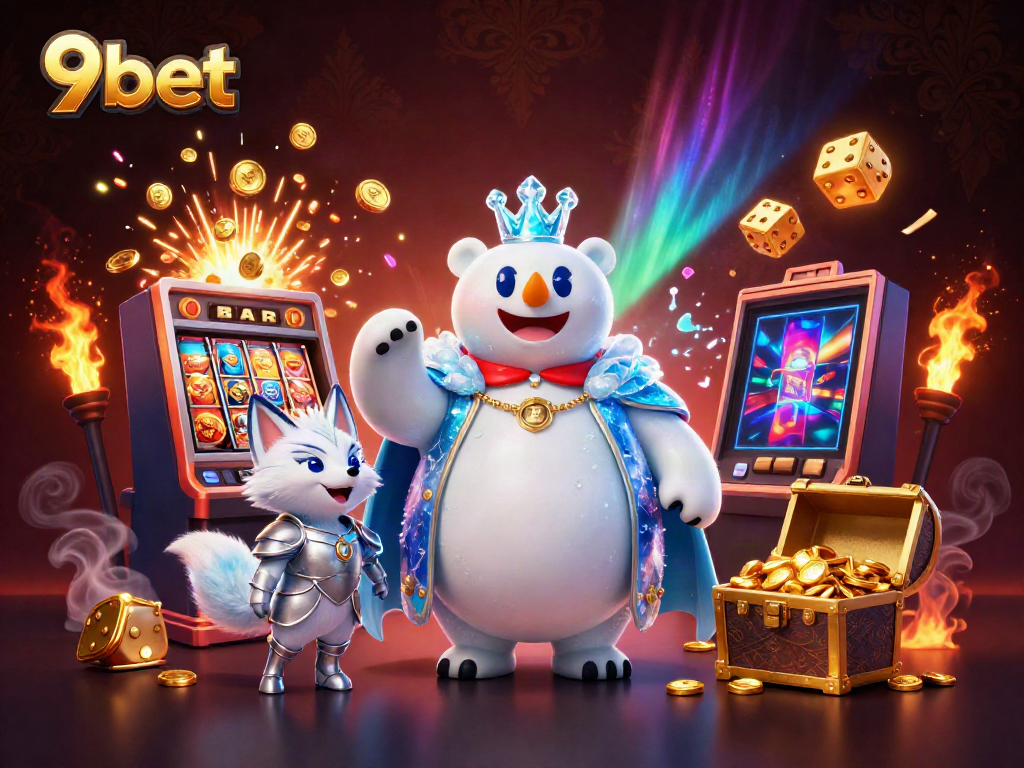 Win big with 9bet in this vibrant casino scene showcasing a slot machine bursting with treasures.