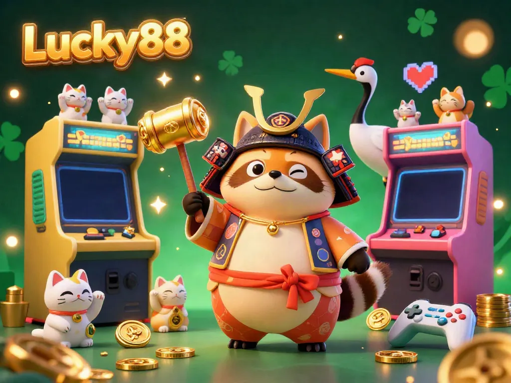Join Lucky88 in this vibrant 3D illustration full of gaming excitement and cheerful characters.