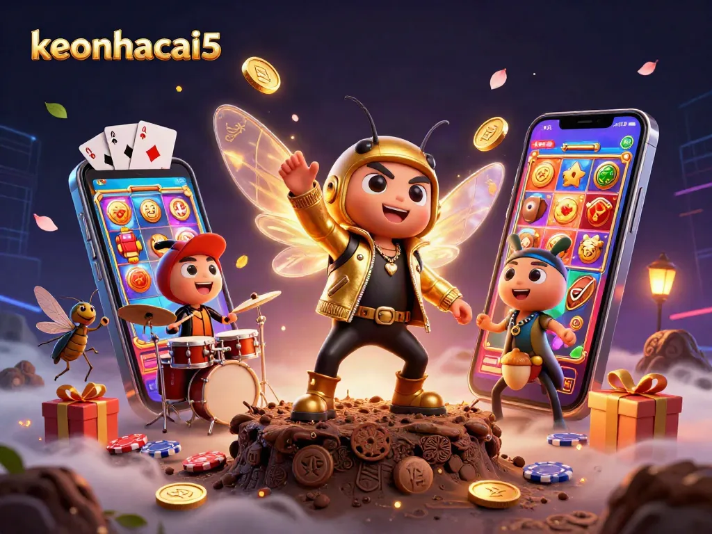 Engage with keonhacai5 as the 3D cicada rock star erupts in a vibrant casino-themed scene