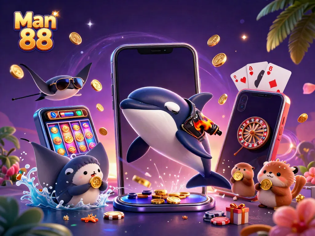 Experience excitement with Man 88 as playful sea creatures celebrate big wins in a vibrant casino scene.