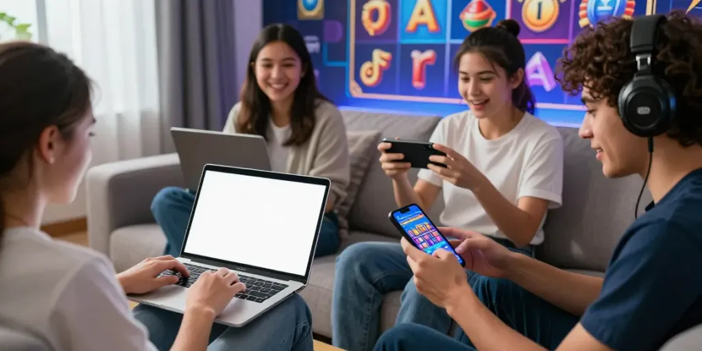 Exciting online slot gacor gaming session with players on laptops and mobile devices.