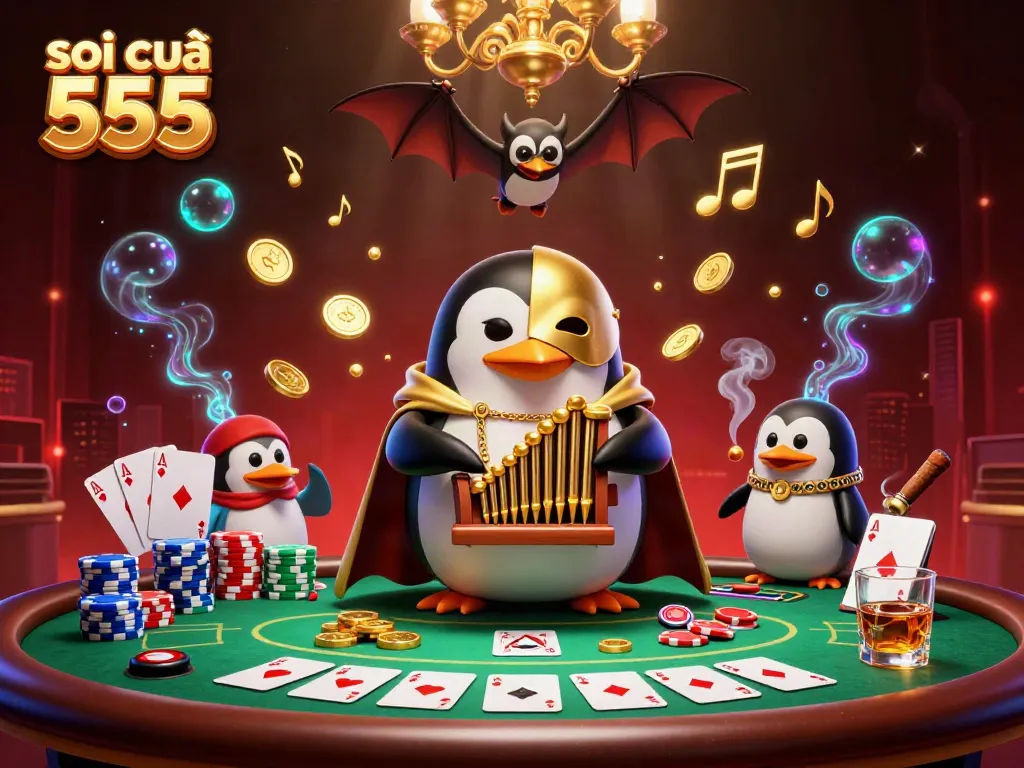 Engaging scene of soi cầu 555 featuring a phantom penguin and golden coins amidst poker elements.